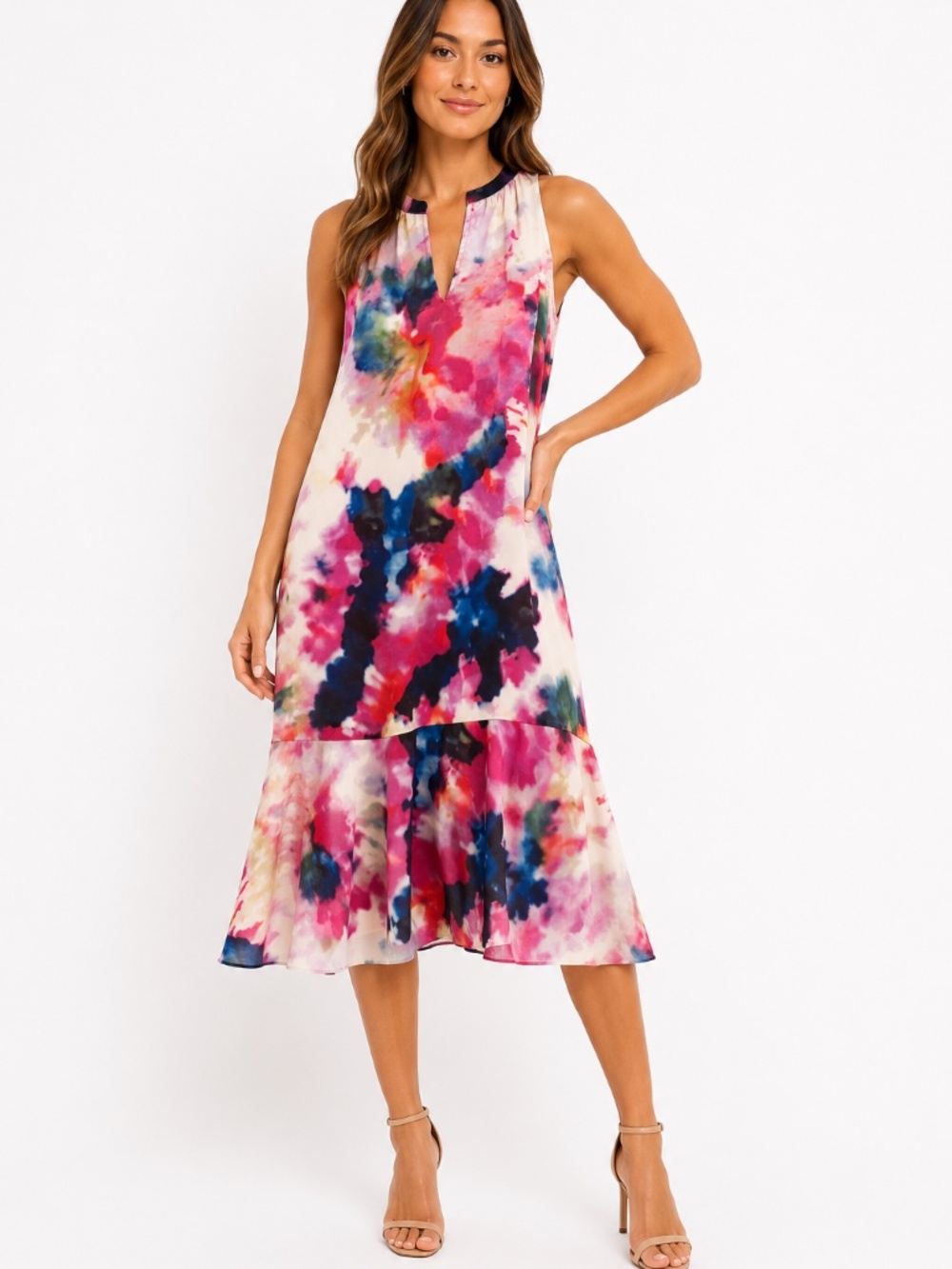 CAbi Celebration halter, multicolor midi dress.